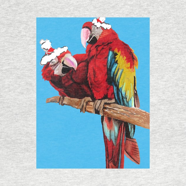 Christmas Macaw - Here Comes Santa Macaws! - on Blue by SarahRajkotwala